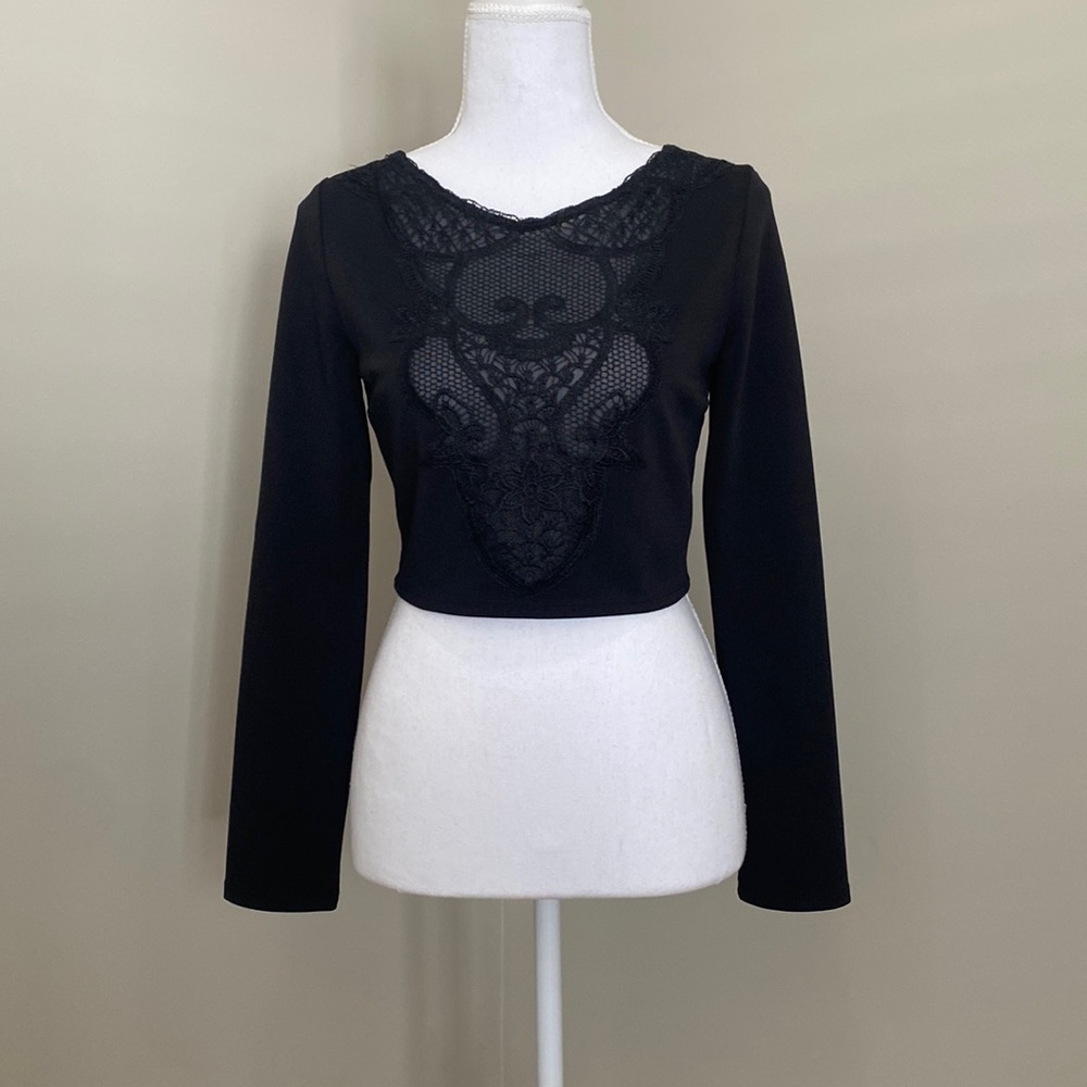 Black Long-sleeved Structured Shirt with Lace Details